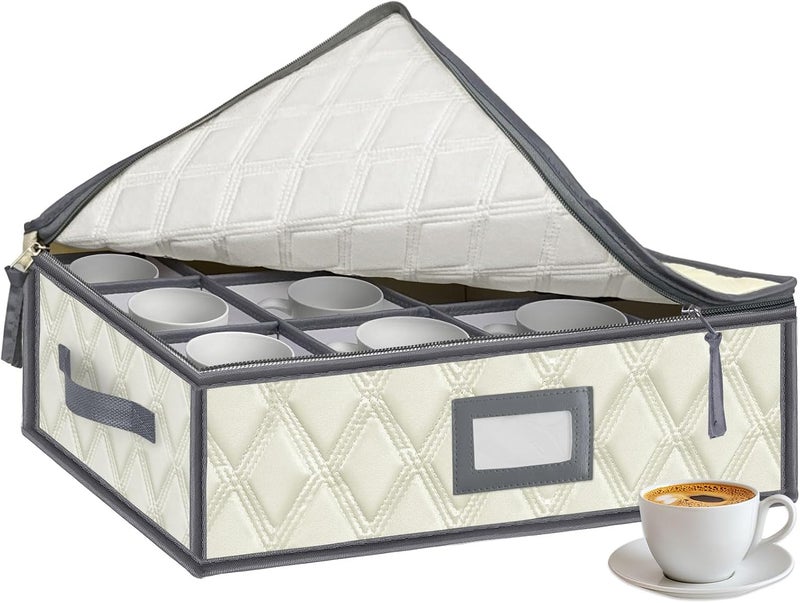 VERONLY Mug and Cup Storage Box with Dividers - 1 Pack China Storage Bin Containers Holds 12 Glassware, Stackable Coffee Mug Organizer Bin and Tea Cup with 2 Metal Zipper,Label and Handles - Image 1